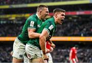 5 February 2022; Garry Ringrose of Ireland, right, is celebrates with teammate Andrew Conway after scoring his side's fourth try during the Guinness Six Nations Rugby Championship match between Ireland and Wales at the Aviva Stadium in Dublin. Photo by Brendan Moran/Sportsfile