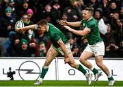 5 February 2022; Garry Ringrose of Ireland celebrates with teammate Andrew Conway after scoring his side's fourth try during the Guinness Six Nations Rugby Championship match between Ireland and Wales at the Aviva Stadium in Dublin. Photo by David Fitzgerald/Sportsfile