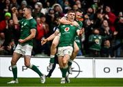 5 February 2022; Garry Ringrose of Ireland, centre, celebrates with teammates Jonathan Sexton, left, and Andrew Conway after scoring his side's fourth try during the Guinness Six Nations Rugby Championship match between Ireland and Wales at the Aviva Stadium in Dublin. Photo by David Fitzgerald/Sportsfile