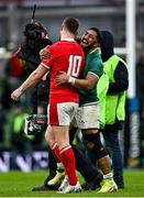 5 February 2022; Bundee Aki of Ireland, right, and Dan Biggar of Wales after the Guinness Six Nations Rugby Championship match between Ireland and Wales at the Aviva Stadium in Dublin. Photo by Brendan Moran/Sportsfile