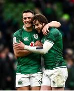 5 February 2022; James Hume, left, and Mack Hansen of Ireland celebrate after the Guinness Six Nations Rugby Championship match between Ireland and Wales at the Aviva Stadium in Dublin. Photo by David Fitzgerald/Sportsfile