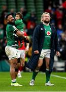 5 February 2022; Bundee Aki of Ireland, with his one year old son Andronicus Junior Papamau, and Andrew Porter after the Guinness Six Nations Rugby Championship match between Ireland and Wales at the Aviva Stadium in Dublin. Photo by Harry Murphy/Sportsfile