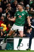 5 February 2022; Johnathan Sexton of Ireland celebrates his side's fourth try scored by team mate Garry Ringrose during the Guinness Six Nations Rugby Championship match between Ireland and Wales at the Aviva Stadium in Dublin. Photo by David Fitzgerald/Sportsfile