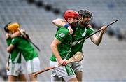 5 February 2022; Mooncoin players Jim Delahunty, right, and Aidan Doyle celebrate after their side's victory in the AIB GAA Hurling All-Ireland Junior Club Championship Final match between Ballygiblin, Cork, and Mooncoin, Kilkenny, at Croke Park in Dublin. Photo by Piaras Ó Mídheach/Sportsfile