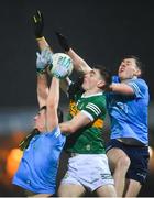 5 February 2022; Diarmuid O'Connor of Kerry contests a high ball with Brian Howard, left, and Cameron McCormack of Dublin during the Allianz Football League Division 1 match between Kerry and Dublin at Austin Stack Park in Tralee, Kerry. Photo by Stephen McCarthy/Sportsfile