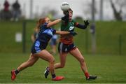 5 February 2022; Catherine Foley of Mullinahone LGF in action against Claire Gannon of CLG Naomh Jude during the 2021 currentaccount.ie All-Ireland Ladies Junior Club Football Championship Final match between Mullinahone LGF, Tipperary and CLG Naomh Jude, Dublin at Baltinglass GAA in Baltinglass, Wicklow. Photo by Matt Browne/Sportsfile