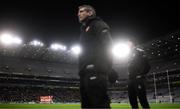 29 January 2022; Armagh players, manager Kieran McGeeney and selector Kieran Donaghy, right, stand for the playing of the National Anthem before the Allianz Football League Division 1 match between Dublin and Armagh at Croke Park in Dublin. Photo by Stephen McCarthy/Sportsfile
