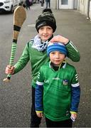 6 February 2022; Limerick supporters Mark and Noah Barry, from Shanaghgolden, before the Allianz Hurling League Division 1 Group A match between Wexford and Limerick at Chadwicks Wexford Park in Wexford. Photo by Ray McManus/Sportsfile