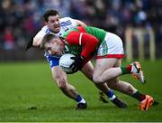 6 February 2022; Ryan O'Donoghue of Mayo in action against Ryan Wylie of Monaghan during the Allianz Football League Division 1 match between Monaghan and Mayo at St Tiernach's Park in Clones, Monaghan. Photo by David Fitzgerald/Sportsfile