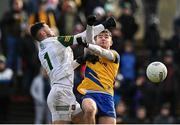 6 February 2022; Cathal Heneghan of Roscommon in action against Meath goalkeeper Harry Hogan during the Allianz Football League Division 2 match between Meath and Roscommon at Páirc Táilteann in Navan, Meath. Photo by Harry Murphy/Sportsfile