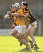 6 February 2022; Paddy Burke of Antrim in action against Tom Phelan and John Donnelly of Kilkenny during the Allianz Hurling League Division 1 Group B match between Kilkenny and Antrim at UMPC Nowlan Park in Kilkenny. Photo by Matt Browne/Sportsfile