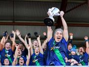 6 February 2022; St Sylvester's captain Dannielle Lawless lifts the cup after her side victory the 2021 currentaccount.ie All-Ireland Ladies Intermediate Club Football Championship Final match between Castlebar Mitchels, Mayo and St Sylvester's, Dublin at Duggan Park in Ballinasloe, Galway. Photo by Michael P Ryan/Sportsfile