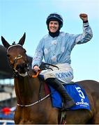 6 February 2022; Jockey Rachael Blackmore celebrates after winning the Chanelle Pharma Irish Champion Hurdle on Honeysuckle during day two of the Dublin Racing Festival at Leopardstown Racecourse in Dublin. Photo by Seb Daly/Sportsfile