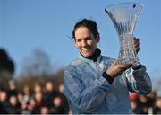 6 February 2022; Jockey Rachael Blackmore with the trophy after winning the Chanelle Pharma Irish Champion Hurdle on Honeysuckle during day two of the Dublin Racing Festival at Leopardstown Racecourse in Dublin. Photo by Seb Daly/Sportsfile