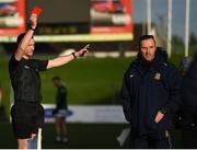 6 February 2022; Referee Jerome Henry shows a red card to Meath manager Andy McEntee during the Allianz Football League Division 2 match between Meath and Roscommon at Páirc Táilteann in Navan, Meath. Photo by Harry Murphy/Sportsfile