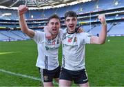 6 February 2022; Kilmeena players John McGlynn, left, and Keith Joyce celebrate after their side's victory in the AIB GAA Football All-Ireland Junior Club Championship Final match between Gneeveguilla, Kerry, and Kilmeena, Mayo, at Croke Park in Dublin. Photo by Piaras Ó Mídheach/Sportsfile