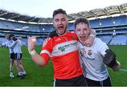6 February 2022; Kilmeena players Paul Groden, left, and Joey Smyth celebrate after their side's victory in the AIB GAA Football All-Ireland Junior Club Championship Final match between Gneeveguilla, Kerry, and Kilmeena, Mayo, at Croke Park in Dublin. Photo by Piaras Ó Mídheach/Sportsfile