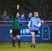 6 February 2022; Colin Currie of Dublin is shown a yellow card by referee Colum Cunning during the Allianz Hurling League Division 1 Group B match between Dublin and Waterford at Parnell Park in Dublin. Photo by Stephen McCarthy/Sportsfile