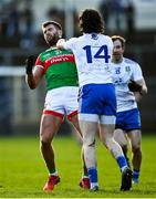 6 February 2022; Gary Mohan of Monaghan in action against Aiden O'Shea of Mayo during the Allianz Football League Division 1 match between Monaghan and Mayo at St Tiernach's Park in Clones, Monaghan. Photo by David Fitzgerald/Sportsfile