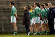 3 April 2004; The Fermanagh team stand for a minutes silence in memory of the late Dunloy player Frankie McMullan. Allianz Football League, Division 1A, Round 7, Cork v Fermanagh, Pairc Ui Rinn, Cork. Picture credit; Damien Eagers / SPORTSFILE *EDI*