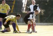 4 April 2004; David Eakins, Cork Harlequins, in action against Neil Cooke, Instonians. Mens Irish Senior Cup Final 2003-2004, Cork Harlequins v Instonians, Belfield, Dublin. Picture credit; Brian Lawless / SPORTSFILE *EDI*