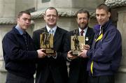 13 April 2004; Galway hurler Eugene Cloonan, far left, who was presented with the Vodafone All-star Player of the Month in Hurling for March with Enda Lynch, left, Sponsorship Executive, Vodafone, Sean Kelly, President of the GAA and Wexford footballer Matty Forde, far right, who was presented with the Vodafone GAA All-star Player of the Month in Football for March prior to a luncheon in the Westin Hotel, Dublin. Picture credit; Brendan Moran / SPORTSFILE *EDI*