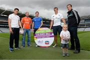 30 July 2013; Conal Clancy, age 3, from Ennis, Co. Clare, with, from left to right, Bernard Brogan, Dublin, Kieran McKeever, Armagh, Stephen Cluxton, Dublin, Rhys Ruddock, Leinster, and Kieran McGeeney, Kildare manager, in attendance at the launch of the Temple Street Children's University Hospital 'Support Your Colours Ball', Croke Park, Dublin. Picture credit: David Maher / SPORTSFILE