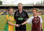 27 July 2013; Therese McCafferty, left, Donegal captain, shakes hands with Aileen Martin, Westmeath captain, in front of referee PJ Rabbitte. TG4 All-Ireland Ladies Senior Football Championship, Round 1, Qualifier, Donegal v Westmeath, Pairc Sean Mac Diarmada, Carrick-on-Shannon, Co. Leitrim. Picture credit: Oliver McVeigh / SPORTSFILE