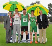 28 July 2013; Professor Ciarán Ó Catháin, left, President of Athletics Ireland and Ray Colman, right, Chief Executive of Woodie's DIY and Garden Centres with Winner of the Men's 400m Hurdles event Jessie Barr, centre, Ferrybank A.C., Co. Waterford, Jason Harvey, second from left, Crusadrers A.C., Dublin and Ben Kiely, Ferrybank A.C., Co. Waterford at the Woodie’s DIY National Senior Track and Field Championships. Morton Stadium, Santry, Co. Dublin. Picture credit: Tomas Greally / SPORTSFILE