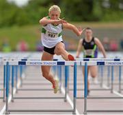 28 July 2013; Sarah Lavin, Emerald A.C., Co. Limerick, on her way to winning the Women's 100m Hurdles at the Woodie’s DIY National Senior Track and Field Championships. Morton Stadium, Santry, Co. Dublin. Picture credit: Matt Browne / SPORTSFILE