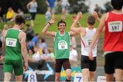 28 July 2013; Thomas Barr, second from left, Ferrybank A.C., Co. Waterford, celebrates with second place finisher, Jason Harvey, Crusaders A.C., Co. Dublin, after winning the Men's 400m Hurdles event at the Woodie’s DIY National Senior Track and Field Championships. Morton Stadium, Santry, Co. Dublin. Picture credit: Tomas Greally / SPORTSFILE