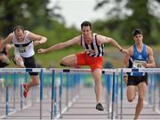 28 July 2013; Tom Carey, centre, City of Derry A.C. on his way to winning the 110m Hurdles from second place Simon Taggart, left, Donore Harriers A.C. and third place Kourosh Foroughi, Star of the Sea A.C. Co. Meath at the Woodie’s DIY National Senior Track and Field Championships. Morton Stadium, Santry, Co. Dublin. Picture credit: Matt Browne / SPORTSFILE