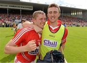 28 July 2013; Lorcán McLoughlin, Cork, celebrates with Rob O'Shea, right, following their side's victory. GAA Hurling All-Ireland Senior Championship, Quarter-Final, Cork v Kilkenny, Semple Stadium, Thurles, Co. Tipperary. Picture credit: Stephen McCarthy / SPORTSFILE