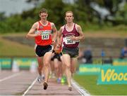 28 July 2013; Mark Christy, right, from Mullingar Harriers A.C. Co. Westmeath, on his way to winning the Men's 5000m from second place Michael Mulhare from Portlaoise A.C. Co. Laois at the Woodie’s DIY National Senior Track and Field Championships. Morton Stadium, Santry, Co. Dublin. Picture credit: Matt Browne / SPORTSFILE