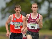 28 July 2013; Mark Christy, right, from Mullingar Harriers A.C. Co. Westmeath, on his way to winning the Men's 5000m from second place Michael Mulhare from Portlaoise A.C. Co. Laois at the Woodie’s DIY National Senior Track and Field Championships. Morton Stadium, Santry, Co. Dublin. Picture credit: Matt Browne / SPORTSFILE