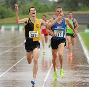 28 July 2013; Eoin Everard, left, Kilkenny City Harriers A.C., celebrates winning the Men's 1500m event, ahead of David McCarthy, West Waterford A.C., at the Woodie’s DIY National Senior Track and Field Championships. Morton Stadium, Santry, Co. Dublin. Picture credit: Tomas Greally / SPORTSFILE