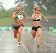 28 July 2013; Kelly Proper, left, Ferrybank A.C., Co. Waterford, on her way to winning the Women's 100m event ahead of right, second place Ailis McSweeney, Leevale AC, Co. Cork, at the Woodie’s DIY National Senior Track and Field Championships. Morton Stadium, Santry, Co. Dublin. Picture credit: Tomas Greally / SPORTSFILE