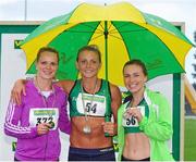 28 July 2013; Winner of the Women's 100m event, Kelly Proper, centre, Ferrybank A.C., Co. Waterford, second placed Ailis McSweeney, left, Leevale AC, Co. Cork, and third placed Niamh Whelan, Ferrybank A.C, Co.Waterford, at the Woodie’s DIY National Senior Track and Field Championships. Morton Stadium, Santry, Co. Dublin. Picture credit: Tomas Greally / SPORTSFILE