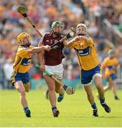 28 July 2013; Niall Burke, Galway, in action against Colm Galvin, left, and Patrick O'Connor, Clare. GAA Hurling All-Ireland Senior Championship, Quarter-Final, Galway v Clare, Semple Stadium, Thurles, Co. Tipperary. Picture credit: Stephen McCarthy / SPORTSFILE