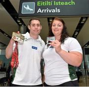 28 July 2013; The Irish squad, sponsored by Allianz, return from the 2013 IPC Athletics World Championships in Lyon, France, having secured a total of four gold medals and one silver medal. Pictured is Jason Smyth, left, Eglinton, Co. Derry, gold medals in the Men’s 100m – T13 and Men’s 200m – T13, and Orla Barry, Ladysbridge, Co. Cork, silver medal, Women’s Discus Throw – F57/58. Dublin Airport, Dublin. Picture credit: Matt Browne / SPORTSFILE