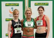 27 July 2013; Winner of the Women's Long Jump Kelly Proper, Ferrybank A.C., Co. Waterford, with second place Mary McLoone, Tír Chonaill, Co. Donegal, right, and third place Annie Stafford, Menapians A.C., Co. Wexford, left, at the Woodie’s DIY National Senior Track and Field Championships. Morton Stadium, Santry, Co. Dublin. Picture credit: Matt Browne / SPORTSFILE