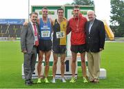 28 July 2013; Professor Ciarán Ó Catháin, President of Athletics Ireland, left, and Ray Colman, Chief Executive of Woodie's DIY and Garden Centres, right, with Winner of the Men's 1500m event Eoin Everard, Kilkenny City Harriers A.C., centre, second place David McCarthy, West Waterford A.C., left, and John Coghlan, MSB A.C., Dublin at the Woodie’s DIY National Senior Track and Field Championships. Morton Stadium, Santry, Co. Dublin. Picture credit: Tomas Greally / SPORTSFILE