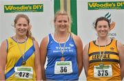 27 July 2013; Winner of the Women's Discus Clare Fitzgerald, Tralee Harriers A.C., Co. Kerry, with Deirdre Murphy, Leevale A.C., Co. Cork, right, and third place Kathy Hetherington, North Down A.C., Co. Down, left, at the Woodie’s DIY National Senior Track and Field Championships. Morton Stadium, Santry, Co. Dublin. Picture credit: Matt Browne / SPORTSFILE