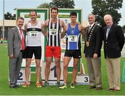28 July 2013; Professor Ciarán Ó Catháin, President of Athletics Ireland, left, Ray Colman, Chief Executive of Woodie's DIY and Garden Centres, right, and Mayor of Fingal Kieran Dennison with Winner of the Men's 110m Hurdles event Tom Carey, Shaftesbury Harriers A.C., second place Simon Taggart, Donore Harriers A.C., Dublin, left, and third place Kourosh Foroughi, Star of the Sea A.C., Co. Meath, right, at the Woodie’s DIY National Senior Track and Field Championships. Morton Stadium, Santry, Co. Dublin. Picture credit: Tomas Greally / SPORTSFILE
