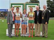 28 July 2013; Professor Ciarán Ó Catháin, President of Athletics Ireland, left, Ray Colman, Chief Executive of Woodie's DIY and Garden Centres, and Mayor of Fingal Kieran Dennison, right, with Winner of the Women's 400m event Jennifer Carey, Dundrum South Dublin A.C., second place, Sinead Denny, Dundrum South Dublin A.C, left, and third place Shauna Cannon, Brothers Pearse A.C., Dublin, right, at the Woodie’s DIY National Senior Track and Field Championships. Morton Stadium, Santry, Co. Dublin. Picture credit: Tomas Greally / SPORTSFILE
