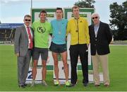 28 July 2013; Professor Ciarán Ó Catháin, President of Athletics Ireland, left, and Ray Colman, Chief Executive of Woodie's DIY and Garden Centres, right, with Winner of the Men's 800m Paul Robinson, St. Coca's A.C., Co. Kildare, second place, Niall Tuohy, Ferrybank A.C., Co. Wexford, left, and third place Darren McBrearty, Letterkenny A.C., Co. Donegal, right, at the Woodie’s DIY National Senior Track and Field Championships. Morton Stadium, Santry, Co. Dublin. Picture credit: Tomas Greally / SPORTSFILE
