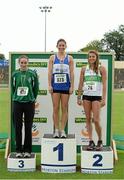 27 July 2013; Winner of the Women's Pole Vault Tori Pena, Finn Valley A.C., Co. Donegal, with second place Zoe Brown, Raheny Shamrock A.C., Dublin, right, and third place Claire Wilkinson, Ballymena & Antrim A.C., Co. Antrim, left, at the Woodie’s DIY National Senior Track and Field Championships. Morton Stadium, Santry, Co. Dublin. Picture credit: Matt Browne / SPORTSFILE