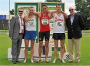 28 July 2013; Professor Ciarán Ó Catháin, President of Athletics Ireland, left, and Ray Colman, Chief Executive of Woodie's DIY and Garden Centres, right, with Winner of the Men's 3000m Steeplechase event Rory Chesser, Ennis Track A.C., Co. Clare, second place Emmett Dunleavy, Sligo A.C., left, and third place, Ray Hynes, Crusaders A.C., Dublin, right, at the Woodie’s DIY National Senior Track and Field Championships. Morton Stadium, Santry, Co. Dublin. Picture credit: Tomas Greally / SPORTSFILE