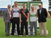 28 July 2013; Professor Ciarán Ó Catháin, President of Athletics Ireland, left, and Ray Colman, Chief Executive of Woodie's DIY and Garden Centres, right, with Winner of the Men's Pole Vault event David Donegan, Clonliffe Harriers A.C., Dublin, second place, Thomas Houlihan, West Waterford A.C., left, and third place Stuart Greene, Raheny Shamrock A.C., Dublin, right, at the Woodie’s DIY National Senior Track and Field Championships. Morton Stadium, Santry, Co.Dublin. Picture credit: Tomas Greally / SPORTSFILE