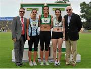 28 July 2013; Professor Ciarán Ó Catháin, President of Athletics Ireland, left, and Ray Colman, Chief Executive of Woodie's DIY and Garden Centres, right, with winner of the Women's 400m Hurdles event Jessie Barr, centre, Ferrybank A.C., Co. Waterford, second place Mandy Gault, left, Lagan Valley A.C., Belfast, Co. Antrim, and third place Nessa Millet, St. Abbans A.C., Co. Carlow, at the Woodie’s DIY National Senior Track and Field Championships. Morton Stadium, Santry, Co.Dublin. Picture credit: Tomas Greally / SPORTSFILE